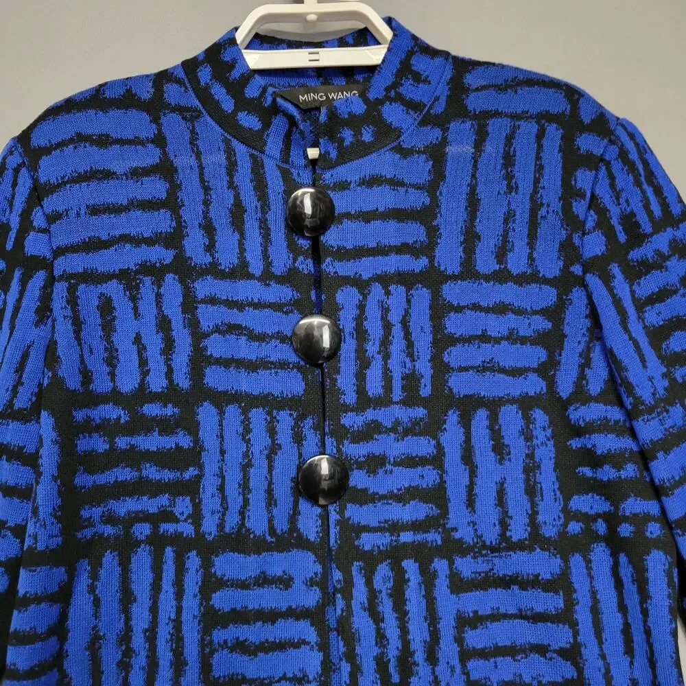 Ming Wang Knitted Cardigan Womens Small Blue Mandarin‎ Collar Geometric Corpcore